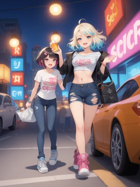 

On a lively evening, a contemporary 17-year-old girl walks down the street illuminated by neon signs and lamps, on her way to a party. She wears an oversized t-shirt with band print, ripped jeans and colorful sneakers, with a jacket tied around the waist...