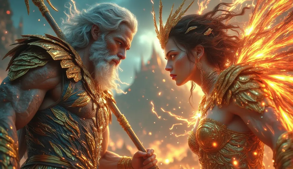 Zeus blue eyes white hair and beard with golden armor and a spear pointing to Athena Greek goddess golden armor and brown hair with sparks and fire