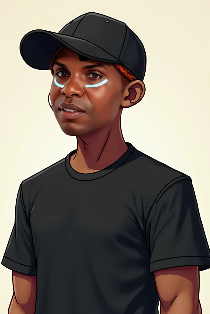 Generate an image of my character just like the one in the photo with my face in a black and bald male cap , Of a black t-shirt in the format of a virtual cartoon