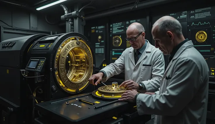 Future scientists manufacturing an aged gold hand watch, classic, but with technologies that allow time travel, you can see a futuristic 3D printer in the foreground, printing the watch while on the screens you can see concepts of time travel, holograms an...