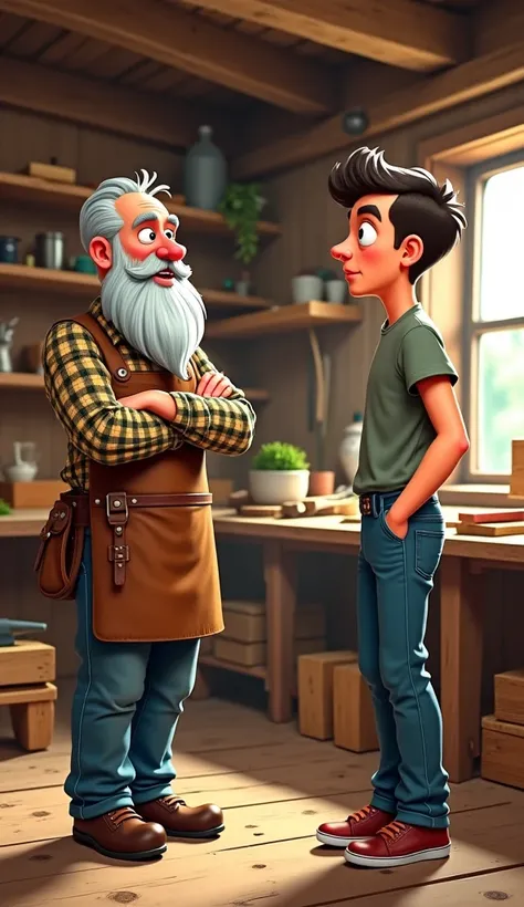 Inside the rustic workshop of Elias, the 70-year-old carpenter, with a long white beard, gray hair, leather apron and plaid shirt. He listens attentively to Lucas,  style a 20-year-old , impatient,  with short and modern hair , wearing jeans, t-shirt and s...