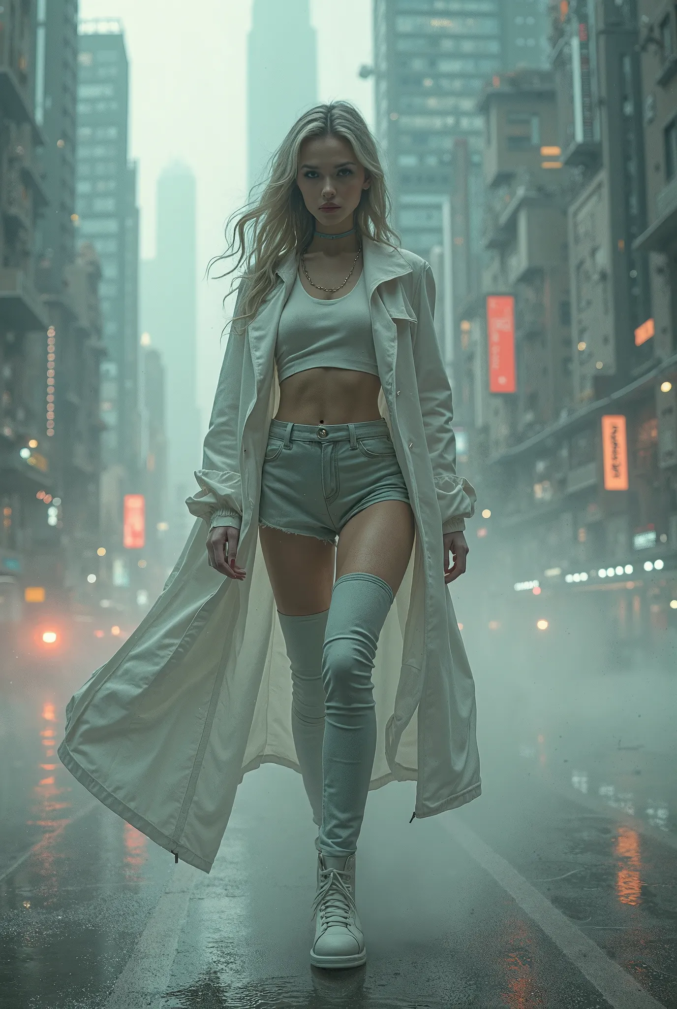 (Photorealistic:1.2), analog photo, realistic lighting, cute woman in minuscule futuristic outfit, cyber demon, walking through a futuristic cityscape, extremely dynamic, she breaks through the viscous poisoned air, cinematic composition, delicate details,...