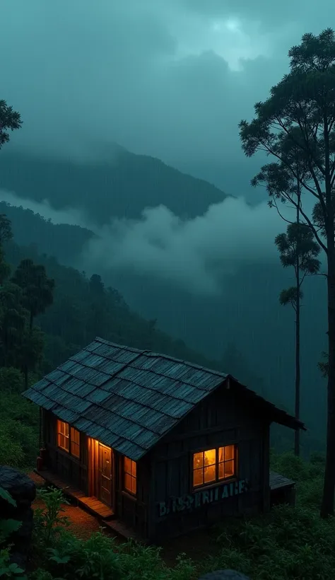 cinematic portrait of heavy rain, an old hut with the words "BASECAMP SANTRI ALAS" in large, legible letters. in an old hut typical of an Indonesian hut above a valley with a view of a wilderness full of mist through the thick trees of a large, mossy fores...