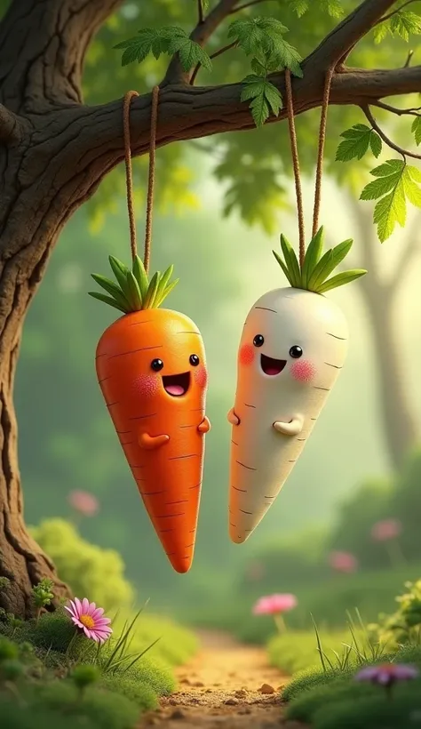 Two Couple Carrots (Red White) hanging in tree branch.