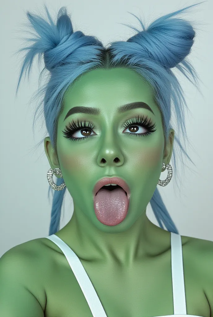 incredibly long and voluminous eyelash extensions, bright green shadows, green lips ,  close-up lips , crazy facial expression, silver leather ,  Wide mouth, milk in the mouth, disheveled blue hair, folded into two long bundles, diamond earrings, white rib...