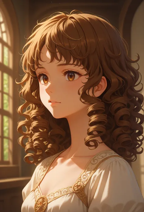 1 girl, curly hair, brown hair, brown eyes, Long hair, anime style, fringe