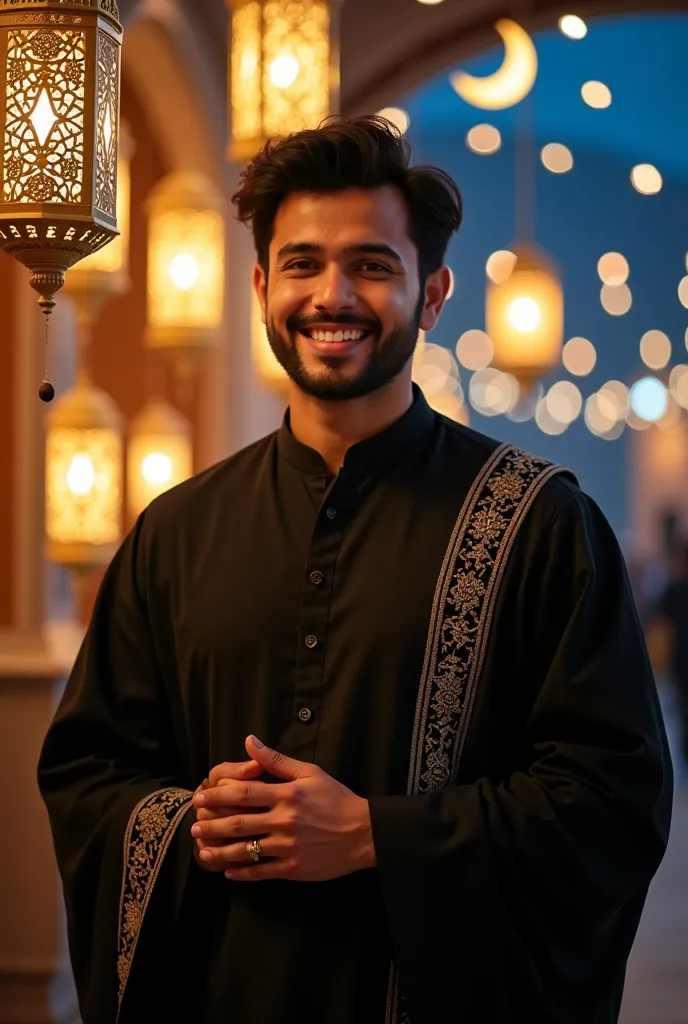 intricate, messy and beautiful, photography, portrait of a beautiful, slightly plump pakistani Asian man, eyes open and smiling at the camera,wearing black shalwar kameez her chest standing next to an intricately and beautifully carved hanging lantern.A ha...