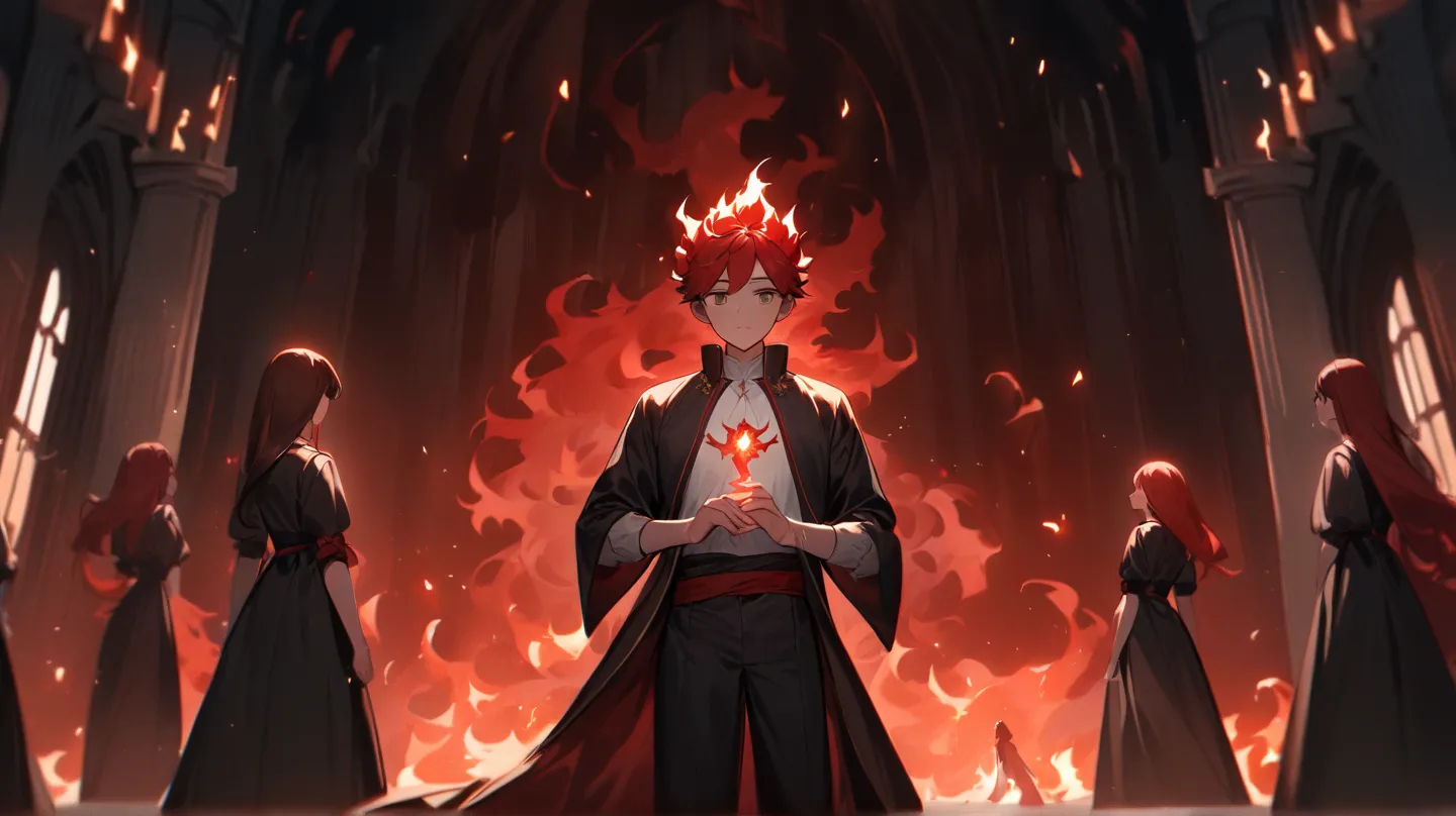 A boy with red hair, radiating light from his chest, holds a sword of fire in his hands. Behind him, girls stand shocked by his appearance.