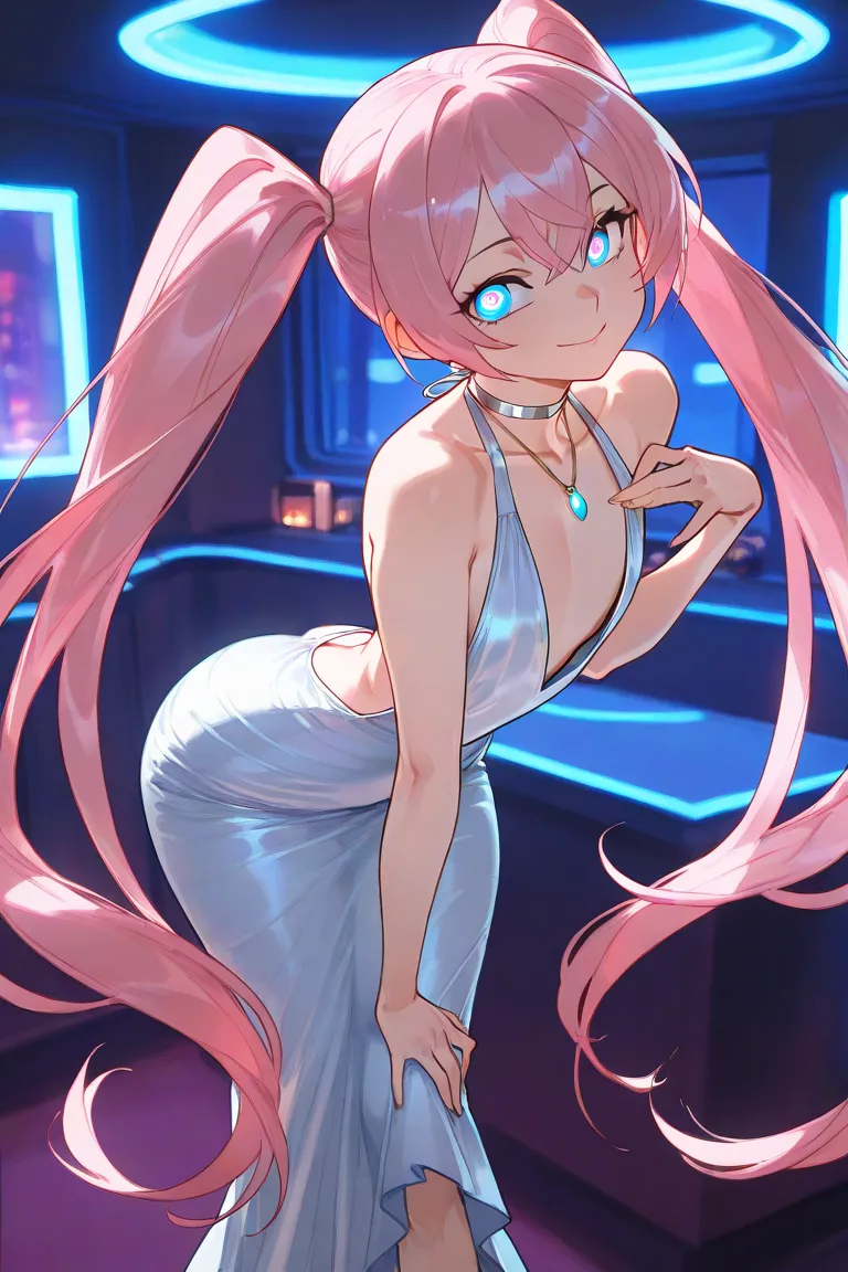 1male, femboy, a guy in girl clothes, no breasts, flat chest, curvy body, long twintail hair, blue eyes, pink hair, technowear outfit, long height, long legs, in a neon lighted room, luxury room, night, cozy atmosphere, choker necklace, spiral pupils, laye...