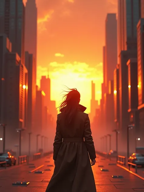 "An epic background with dramatic lighting. The camera slowly approaches a solitary character from behind while watching a sunset in a futuristic city. An inspirational phrase appears on screen with a dynamic writing effect, as the wind moves his coat and ...