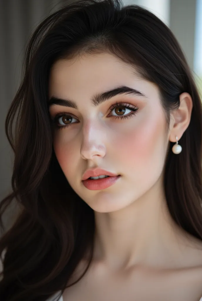 phone photo of a close-up portrait of a young woman with dark brown long wavy hairs and warm brown eyes. She wears a soft gray shirt and has a subtle, natural makeup look with a light peach lip color. Her left ear is adorned with a small pearl earring. The...