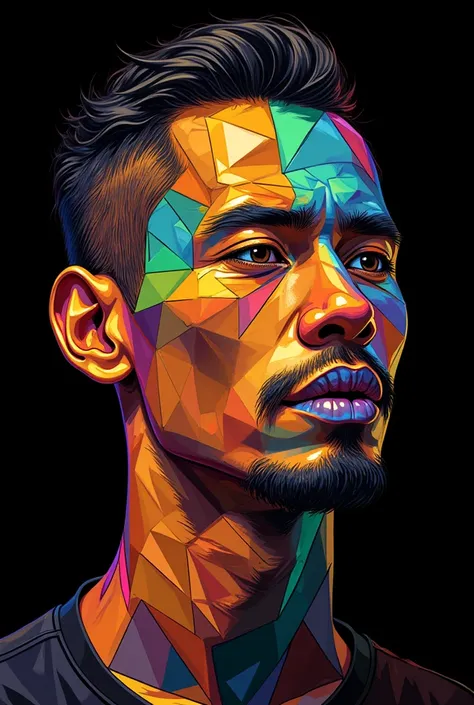 A close-up portrait of an ypung male in cubism of Wedha's-Pop Art-Portraits style. Made from many colorful triangle-and-rectangular shapes. Small cubism, straight lines, colorful, high contrast. 2D. Plain black background