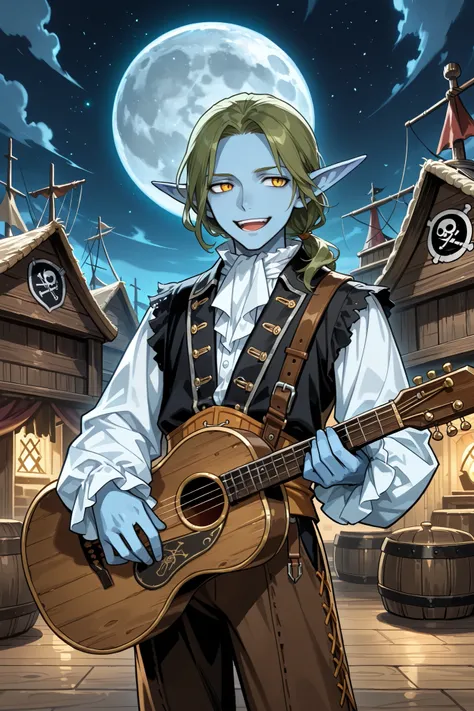 elf, solo, male, blue skin, pointed ears, green hair, (colonial era ruffle shirt, slavic style), black colonial trousers, charming, graceful, smiling, flirting, holding a Spanish guitar , ((performing in a village square near the coast)), night scene, col...