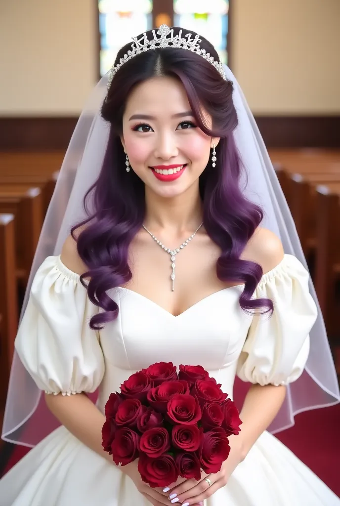 A korean woman wearing white wedding dress with big puff sleeves, and a veil, her hair is long violet in big curls, holding a maroon roses bouquet,  with name “RIOCUTE” at the necklace smiling towards the camera, the background should be inside the church,...