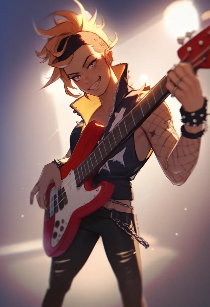 Rockstar anime boy, piercings, best quality, ftm, bass guitar, lighting, punkrock, sexy, best anatomy, high quality, dynamic 