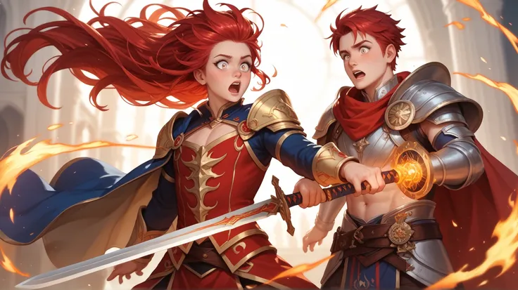 A boy with red hair, radiating light from his chest, holds a sword of fire in his hands. Behind him, girls stand shocked by his appearance.