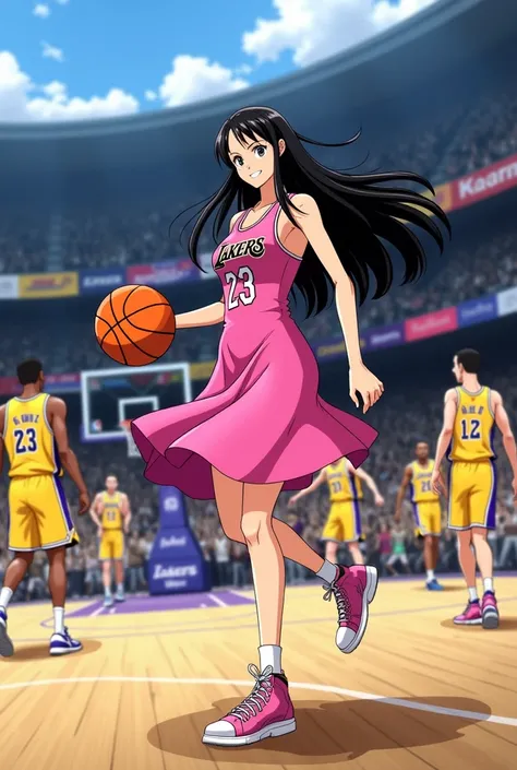 Imagine Nico Robin, the member of the One Piece Straw Hats team,  on a basketball court. She wears her iconic pink dress but in the Lakers uniform and has her long, dark hair fluttering in the wind.. She is dribbling a basketball in an elegant and confiden...