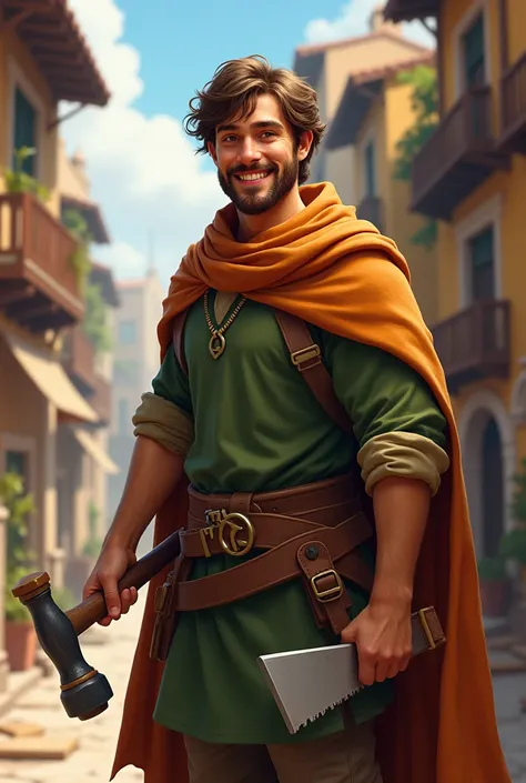  San José : young man with slightly long hair and brown beard,  Green tunic , brown cloak , hammer in the hand and saw in the other, smiling and looking friendly