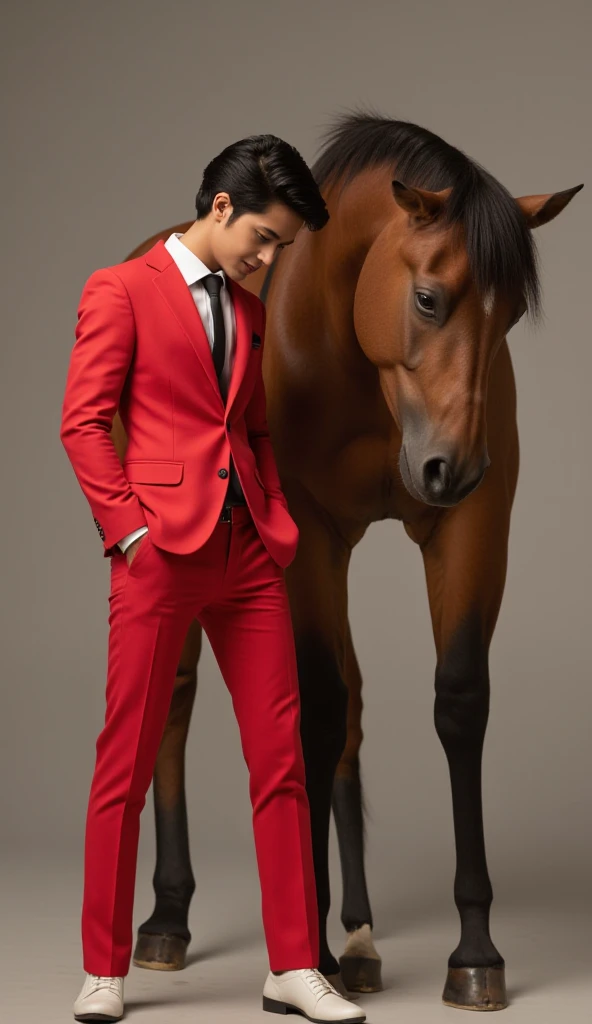 "Create a character with a brown horse's face with harmonious features, black hair,  and wearing a red suit he is turned on his side, with an aesthetically thin body, Is he standing, Horse character must seem in love, standing naturally, Aesthetically slim...