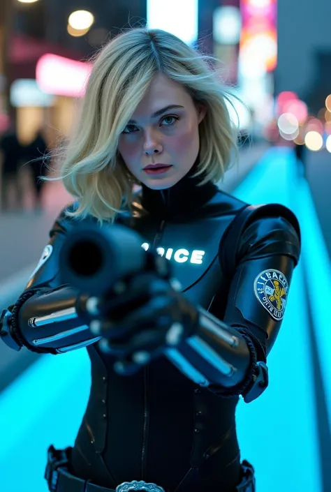 A cinematic photo of young ELLE FANNING (face,  supermodel ) with fair skin and short hair, Blonde hair with wavy bob cut, wearing a futuristic police uniform with neon details and a police logo on the right sleeve that shines with a soft blue light. The u...