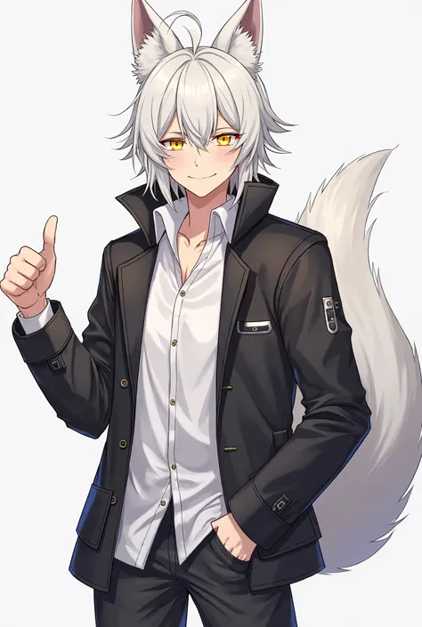 Anime style, full body, adult man with medium length white hair, yellow eyes, white fox ears and fox tail, no human ears, a built figure, wearing a black jacket with white shirt underneath, smiling, thumbs up pose