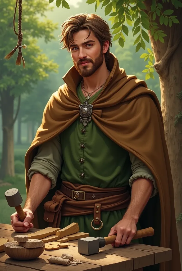  San José : young man with slightly long hair and brown beard,  Green tunic , brown cloak , hammer in the hand and wood in the other, smiling and looking friendly