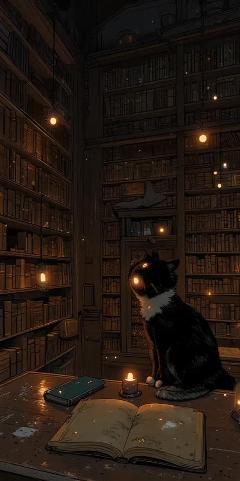 An ancient bookstore, dimly lit by flickering candles, filled with rows upon rows of dusty, leather-bound books. The air smells of aged paper and melted wax. Some books hover slightly above the shelves, shifting as if alive. A cat with glowing golden eyes ...