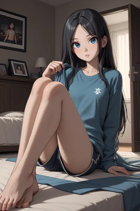 Black hair, long hair, straight hair, dark dark blue eyes, big eyes, small face, small age, medium size breast, slim body, slim girl, slim waist,
She is wearing a turquoise hoddie. underneath she is wearing very short faded navy blue oversized shorts. deta...