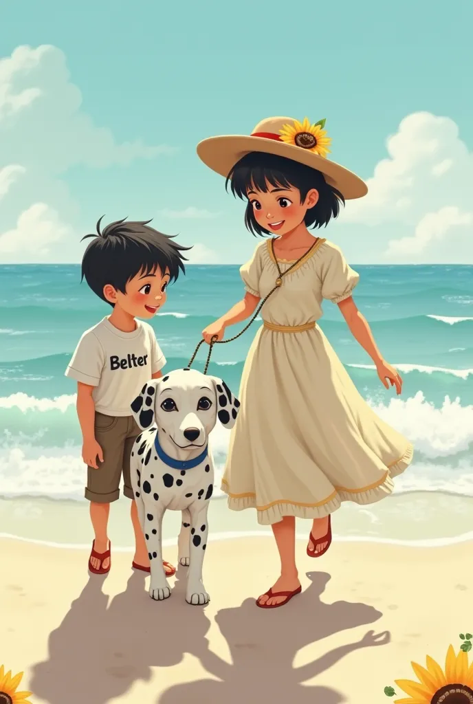  boy, white, black eyes, short black hair, wears a beige shor and a white shirt that says Belter is pulling a Dalmatian dog with his mother, she is dressed in a white dress with sunflowers and a hat, they go to the beach. 