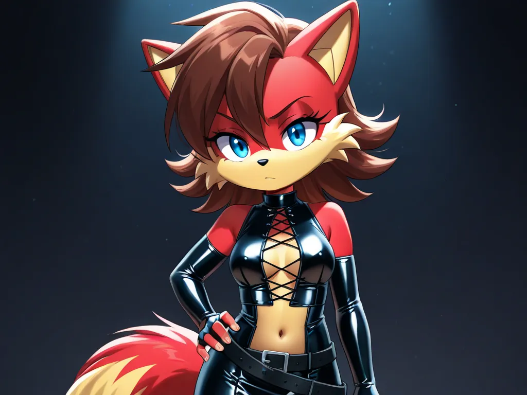 latex dress, cross-laced clothes, center opening,Fiona the Fox, 1girl, blue eyes, brown hair, medium hair, red fur, yellow fur, two-tone fur, bare shoulders, elbow gloves, fingerless gloves, navel, crop top, sleeveless shirt, belt