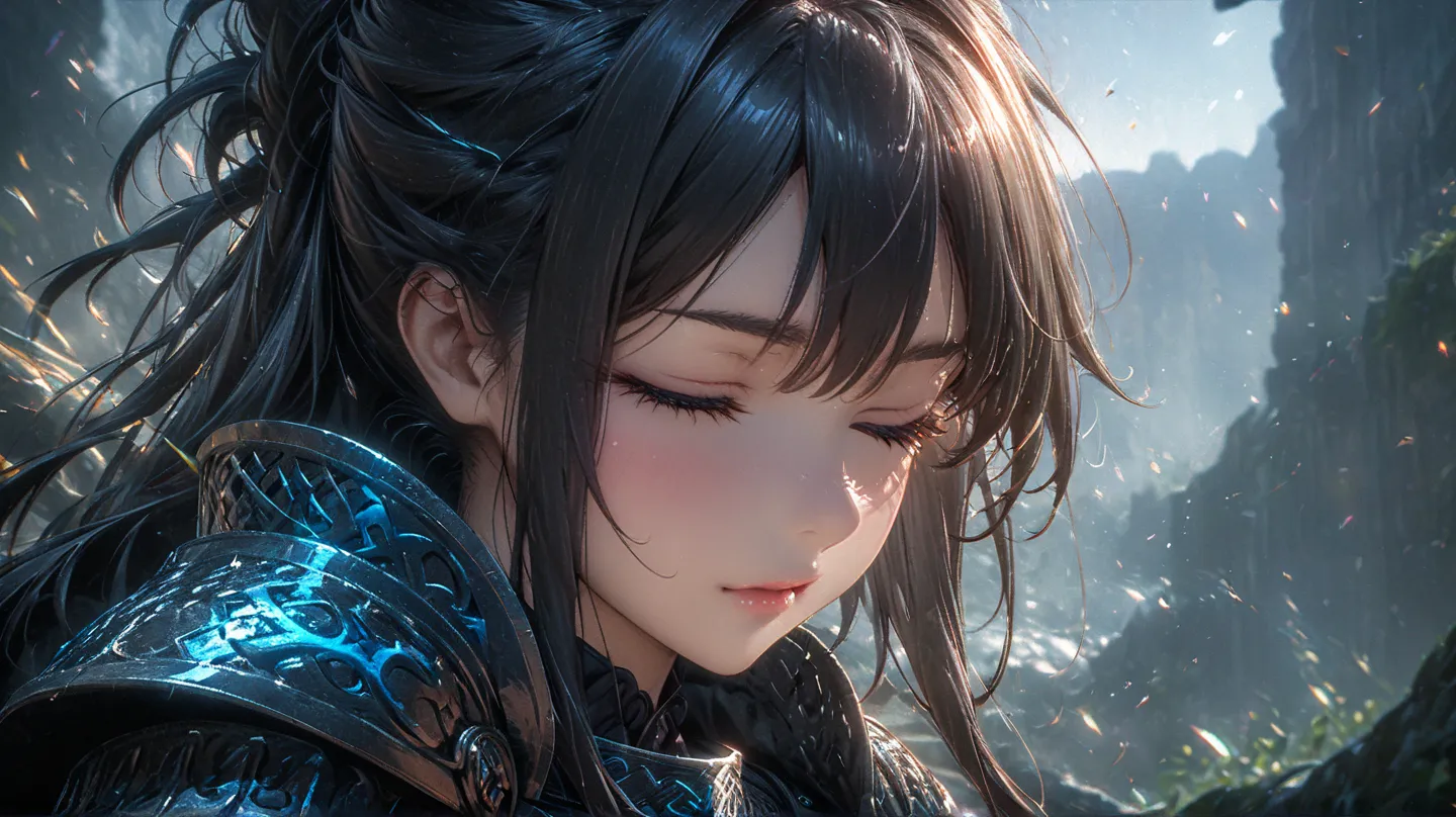 beautiful japanese anime lady, 26 years old, extreme close-up, eyes closed, heavily armed knight, celtic armor, very long black hair fluttering in the wind, high definition graphics with clear details, artistic rendering, relaxing colors, emphasis on fanta...