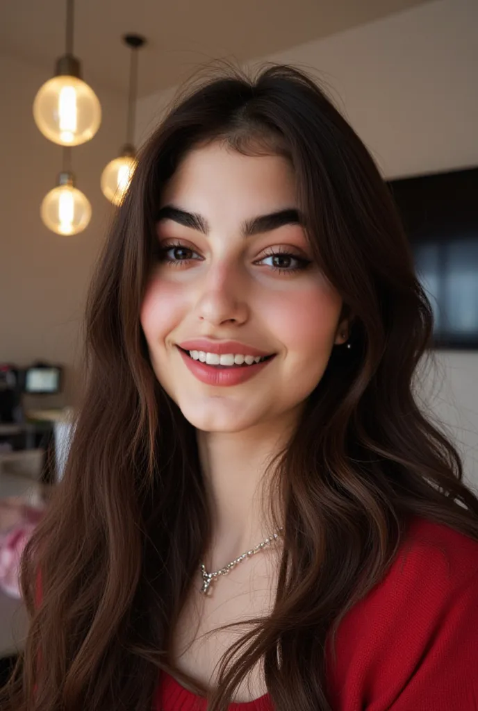 phone photo of a young woman with dark brown long wavy hairs and striking brown eyes smiles brightly. She is indoors, in a well-lit space featuring modern decor, including pendant lights and a large television in the background. The walls are painted in ne...