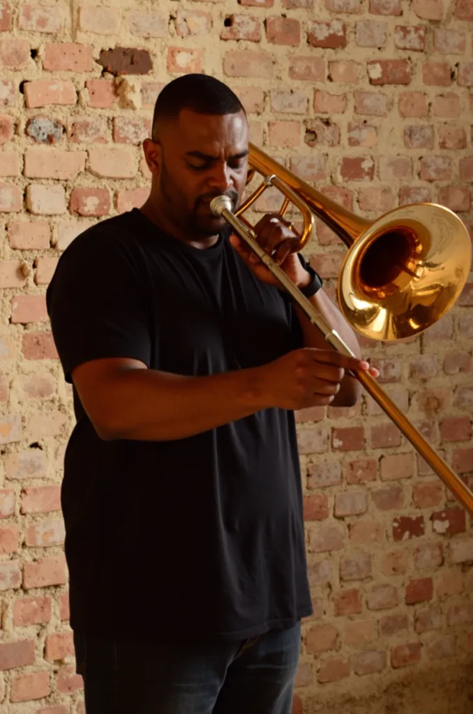 Transform this image of a man playing trombone into a minimalist image of a man playing trombone 