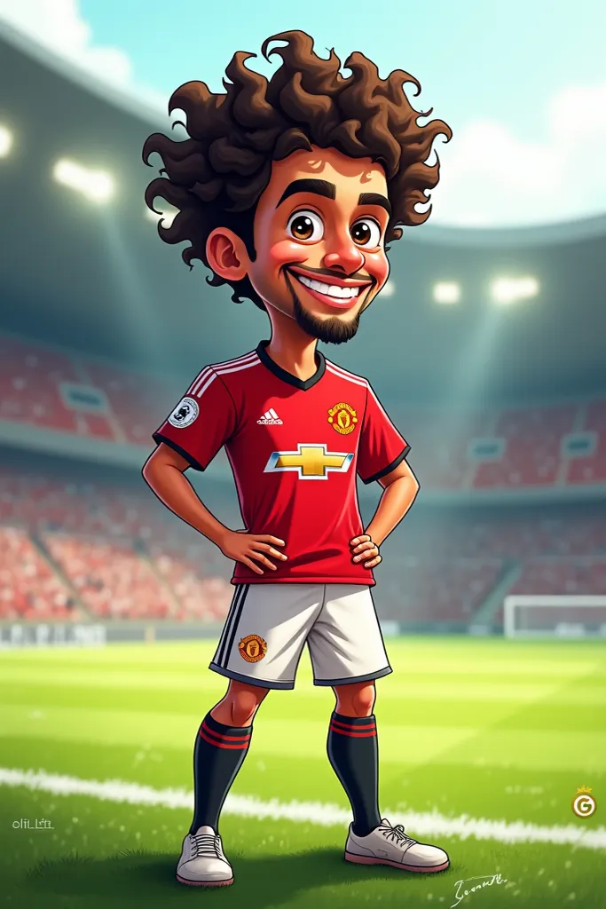 Cartoon Bruno Fernandes, Manchester United player on the soccer field smiling 