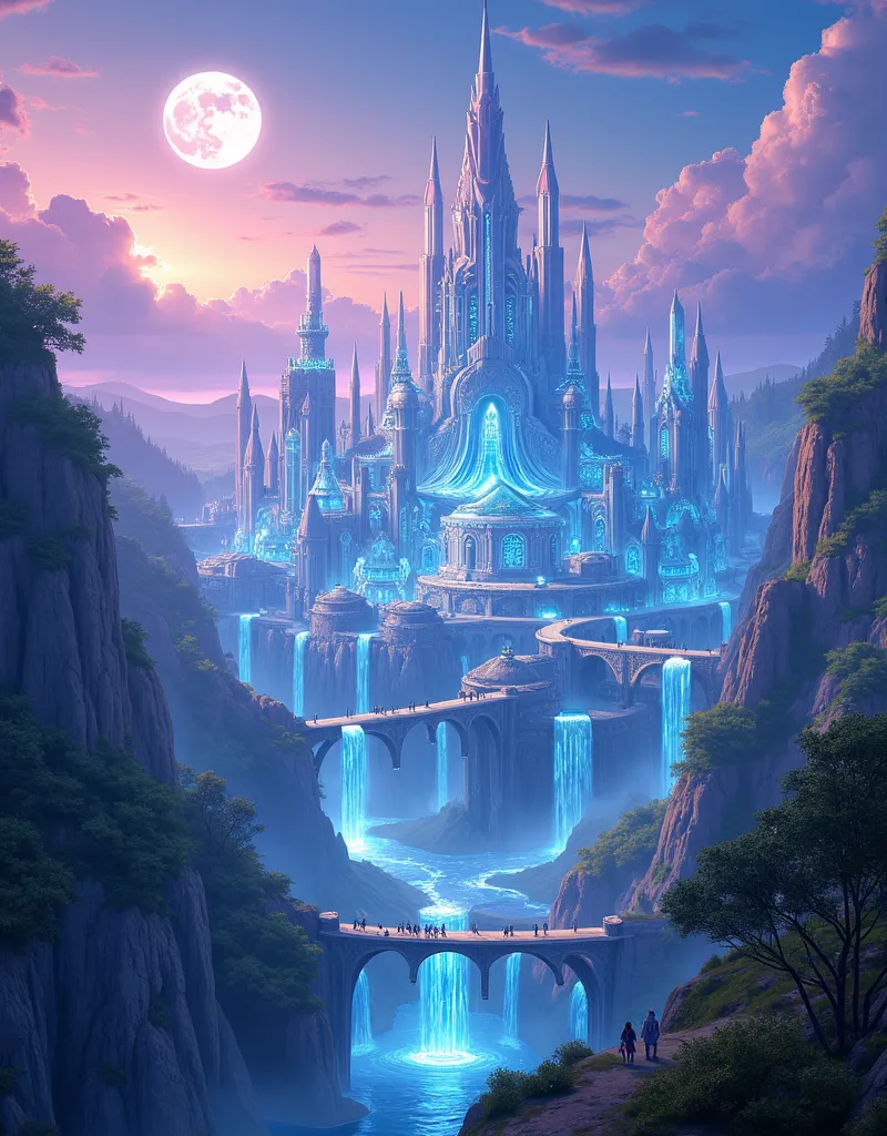 photorealistic, a breathtaking panoramic view of a vast city built entirely of shimmering crystal. Towering spires, intricate bridges, and glowing domes rise from a lush valley floor. Waterfalls cascade down the crystal cliffs, feeding into a river that wi...