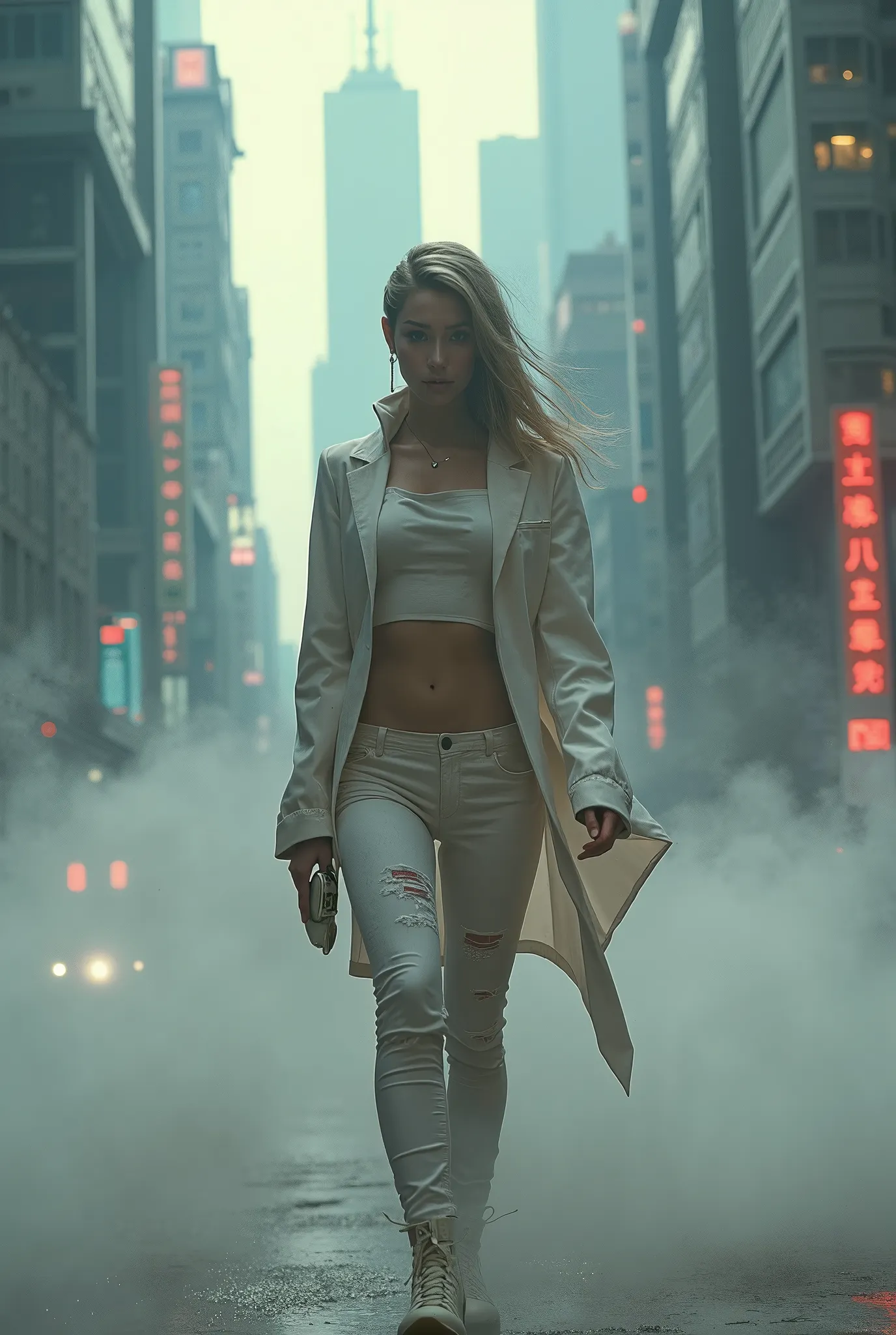 (Photorealistic:1.2), analog photo, realistic lighting, cute woman in minuscule futuristic outfit, cyber demon, walking through a futuristic cityscape, extremely dynamic, she breaks through the viscous poisoned air, cinematic composition, delicate details,...