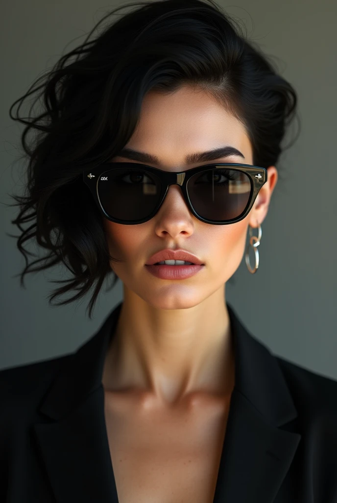 35-year-old woman with white skin. Short and black and curly and curly hair. with sunglasses