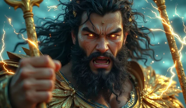 Close-up of Poseidon, Greek god, hair and black beard, turquoise eyes and golden armor and a trident with sparks angrily screaming with his fist in the air