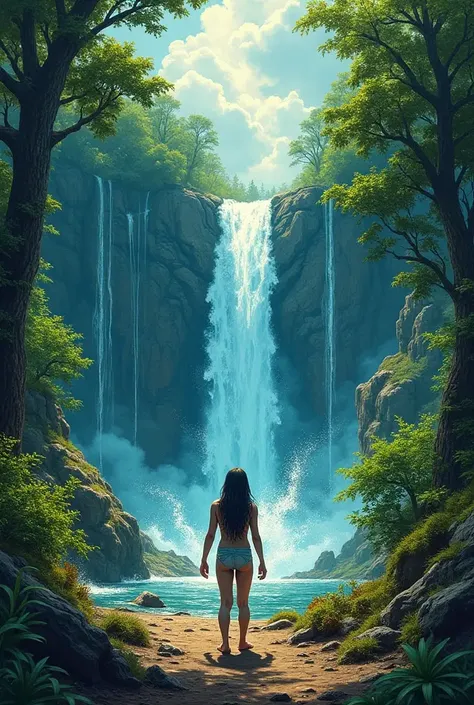 nude female love goddess, detailed facial features, graceful posture, serene expression, flowing hair, glowing skin, ethereal beauty, dramatic lighting, fantasy landscape, mystical atmosphere, lush greenery, cascading waterfalls, glowing celestial bodies, ...