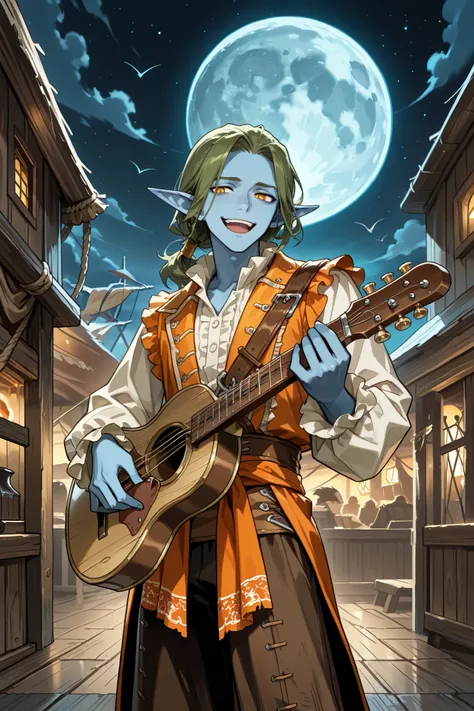 elf, solo, male, blue skin, pointed ears, green hair, (colonial era ruffle shirt, slavic style), black colonial trousers, charming, graceful, smiling, flirting, holding a Spanish guitar , ((performing in a village square near the coast)), night scene, col...