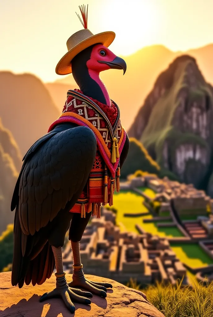 
"An ultra-realistic, 8K, 3D Pixar-style image of a grand Andean condor standing tall in traditional Andean clothing, including a brightly woven poncho with geometric patterns and a wide-brimmed chullo hat decorated with tassels. Its strong talons are fitt...