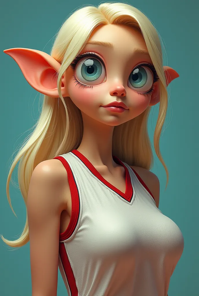 Blonde girl with big blue eyes with a big head with big ears big breasts dressed as a basketball player