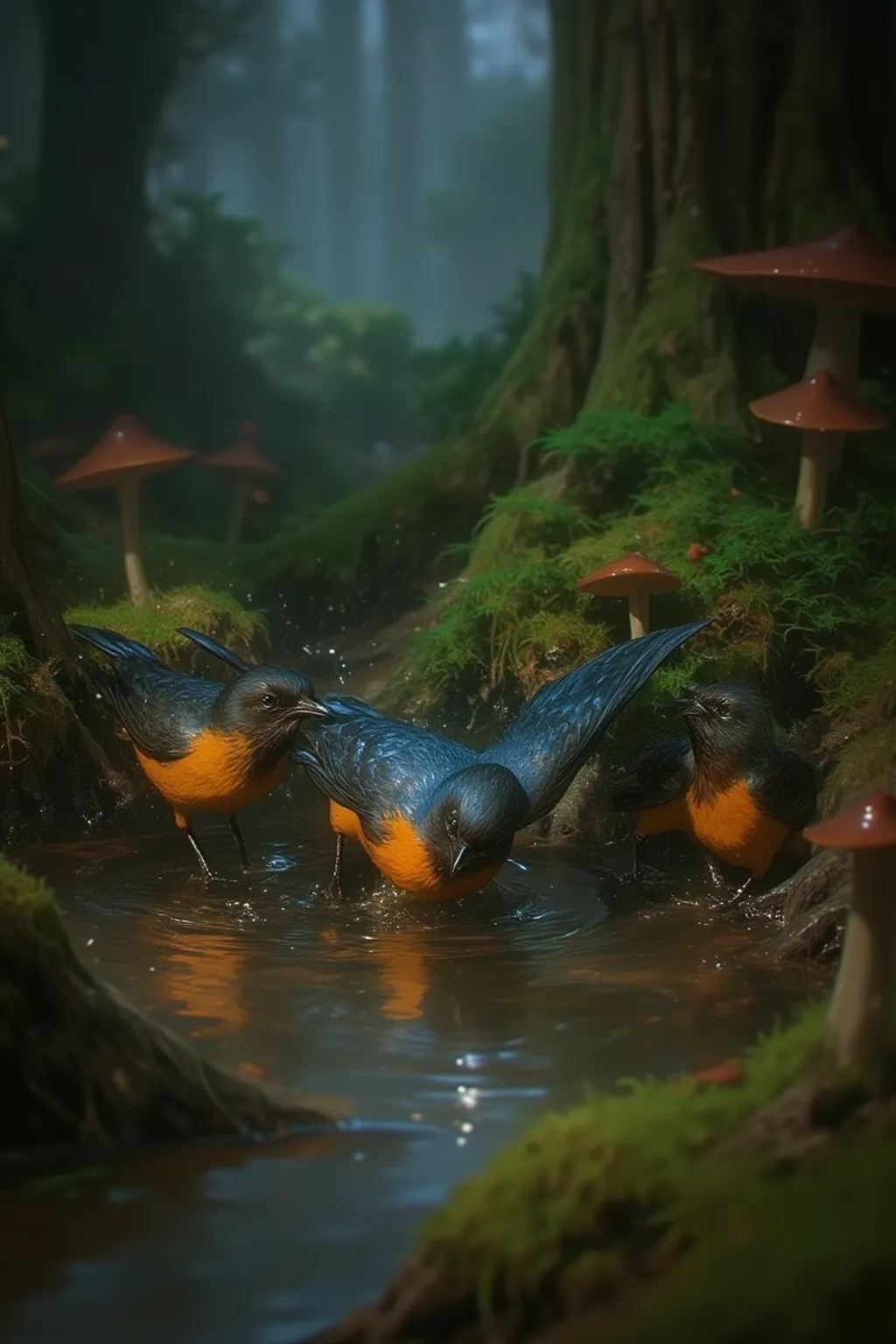 masterpiece, Close-up photo of birds drinking water in forest, dusk,  mushroom, dew, high contrast,  Ghibli Studio Style ,  Highly Complex , Highly Detailed, realistic style