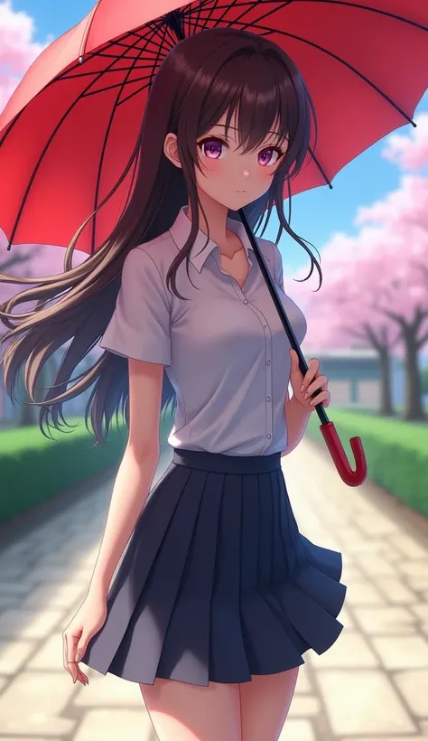 a woman in a short skirt and a white shirt is holding a red umbrella, beautiful anime high school girl, anime visual of a cute girl, smooth anime cg art, kantai collection style, seductive anime girl, anime background, attractive anime girl, anime girl wit...