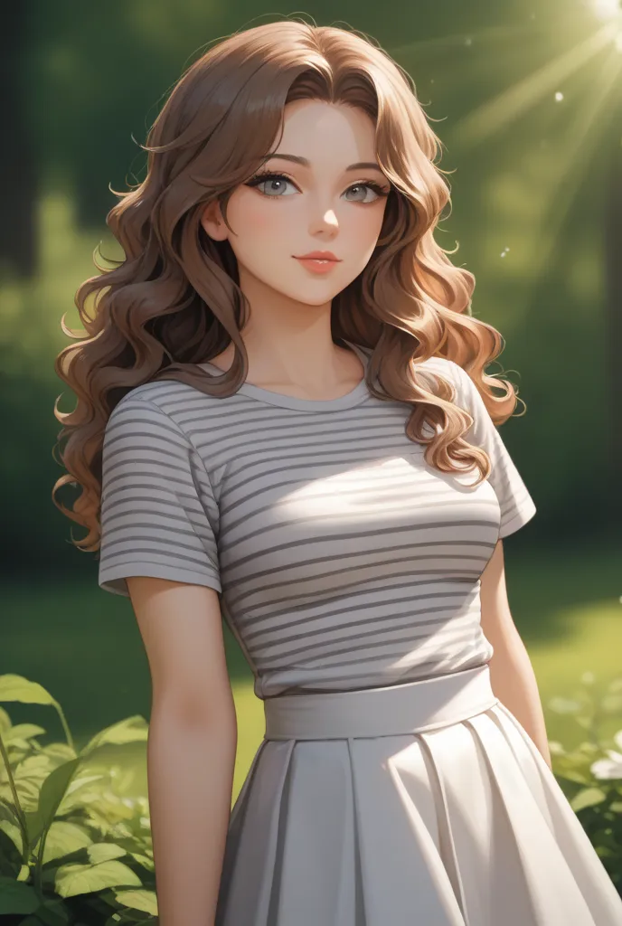 I am a woman long brown hair white skirt with white tights gray t-shirt that design light with long sleeves white short
 The t-shirt with striped hair with two long locks straight hair from Roblox