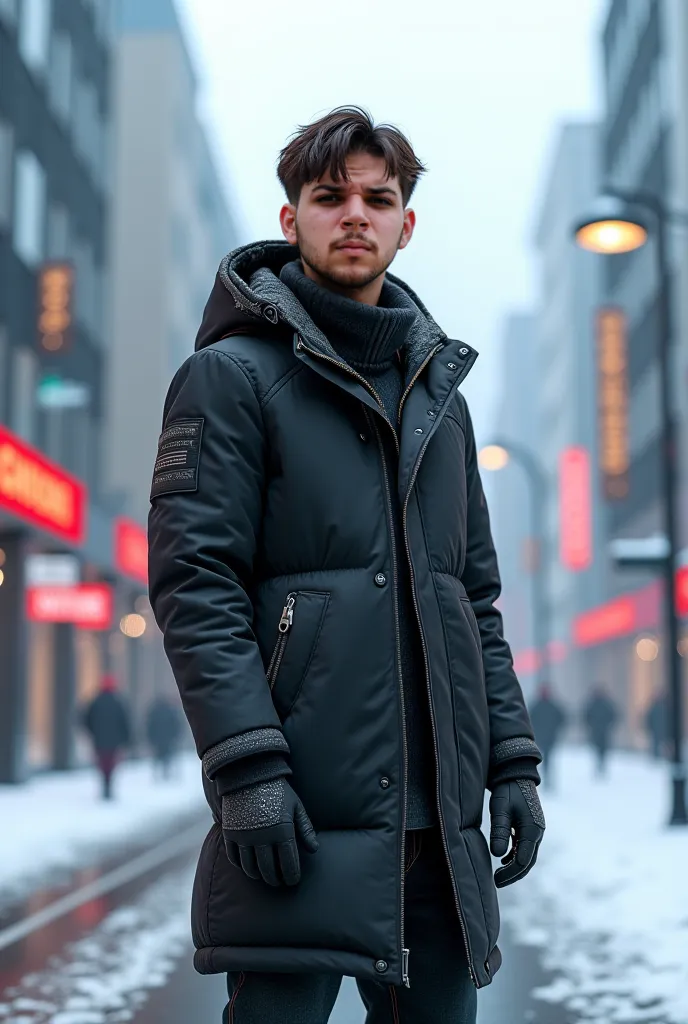 That young man is standing on the street of the virtual world and wearing expensive winter clothes