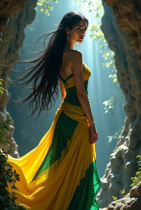 Beautiful woman her hair is long black her beautiful sexy dress is the color of the flag of the country Brazil yellow green blue she has her dragon she is in a cave looking straight ahead