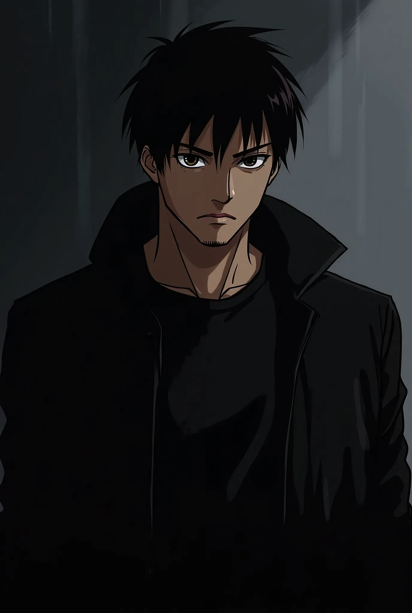 The male anime character has short and black hair, brown skin, medium height, dark brown eyes and medium muscles. He wears black clothes and a black jacket and has a short beard 