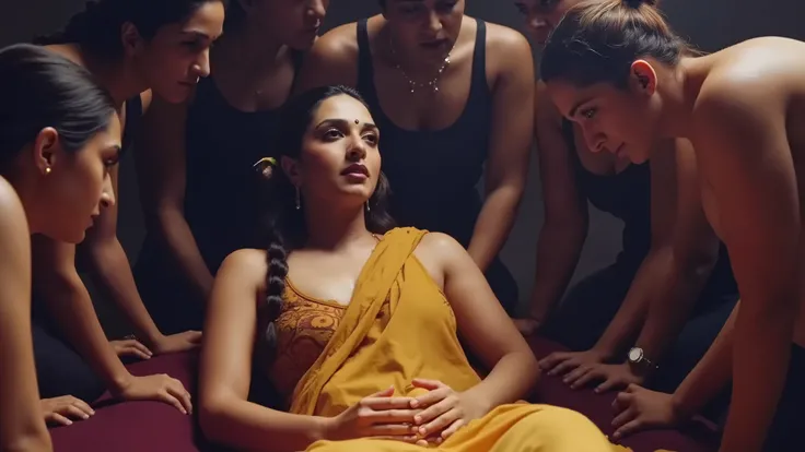 A braided woman, in traditional yellow saree, tanned skin color, lying, looking upward, surrounded by black guys, their legs surrounded her