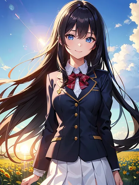 (((masterpiece))), (((best quality))), ,8k,(lens flare:1.4),(magnificent view:1.2),(wind),1 girl,Black straight long hair,shiny hair ,light smile,light makeup,upper body,Small breasts, school uniform blazer, background is school

